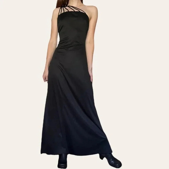 70s vintage black strappy one shoulder evening gown/prom dress (Small) - Picture 2 of 7